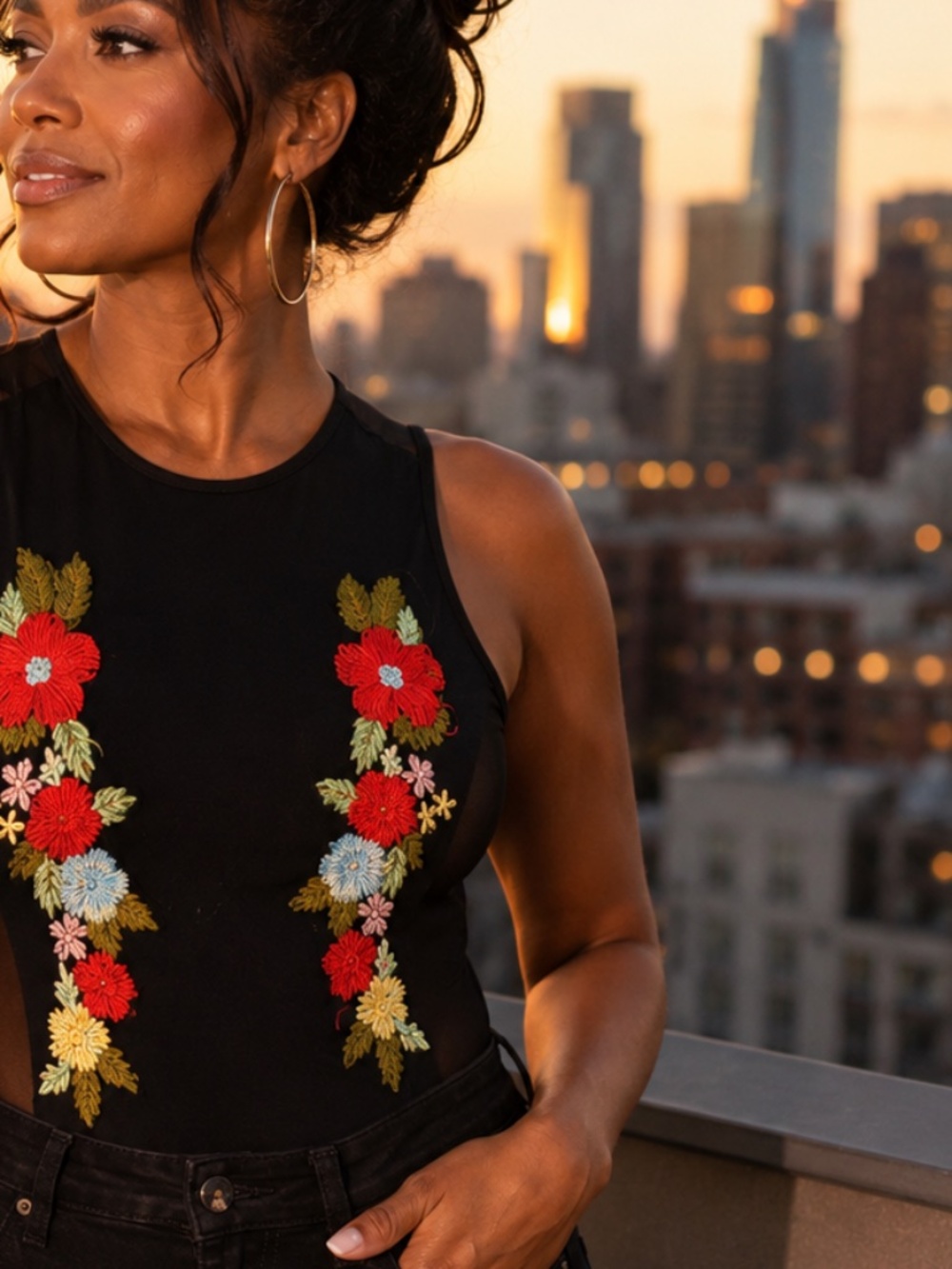 Love J Black Floral Embroidered Mesh Bodysuit XL Boho Statement Top